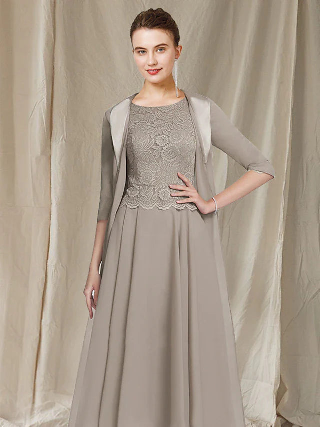 Wholesale Two Piece A-Line Mother of the Bride Dress Church Elegant Jewel Neck Tea Length Chiffon Lace Half Sleeve Jacket Dresses with Appliques